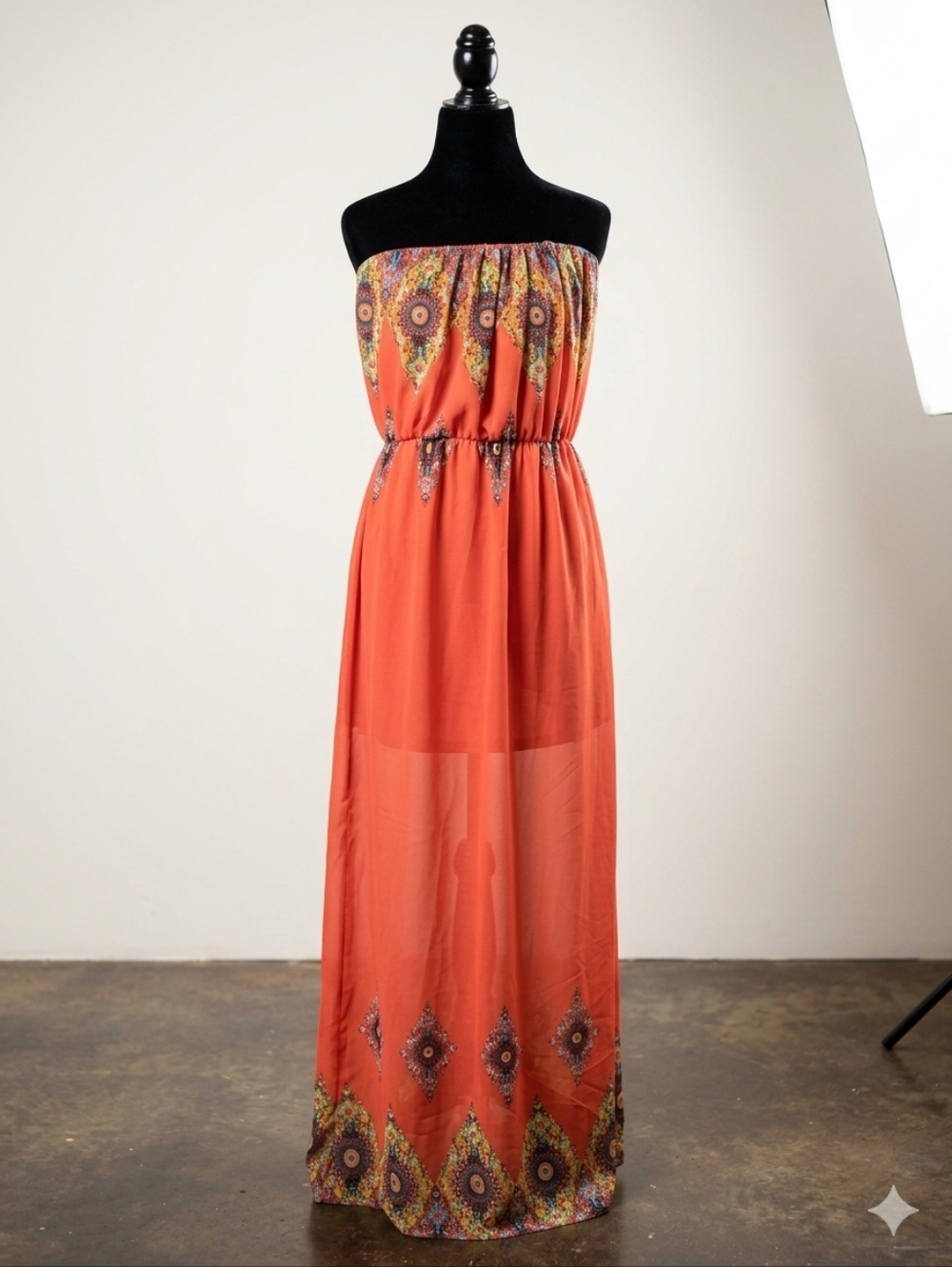 Love Tree Orange Mandala Paisley Strapless Maxi Dress – Size Large